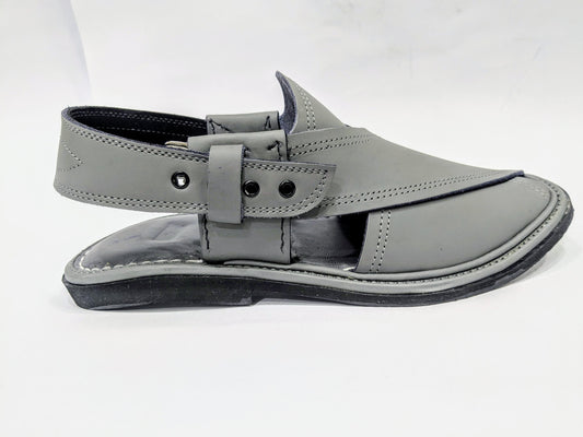 ROUND, SILVER GRAY HAND STITCHED PREMIUM LEATHER PESHAWARI CHAPPAL (RSPHUR-013)